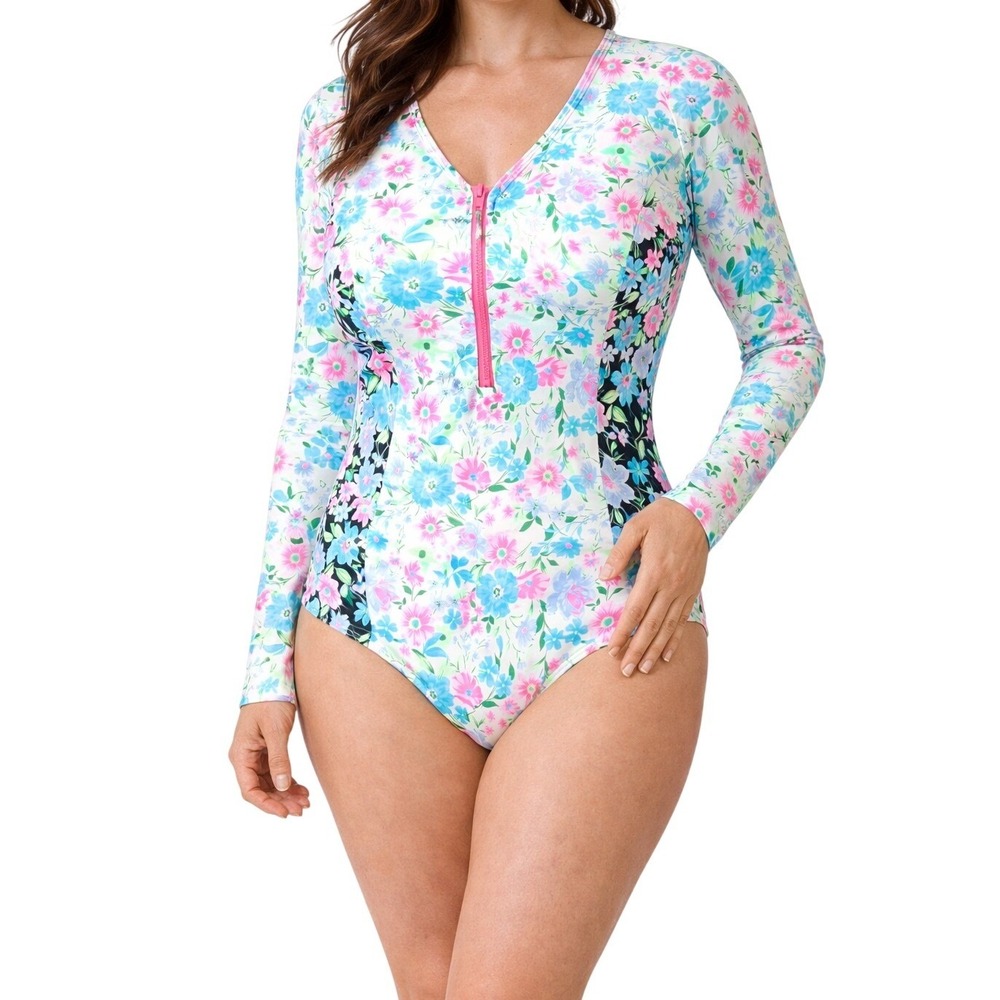 Celebrity Pink One Piece Swimsuit Women XL White Floral Long‎ Sleeve Rash Guard